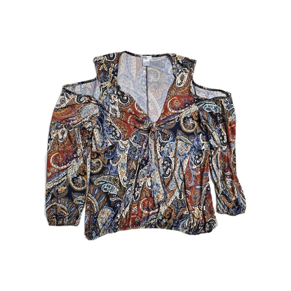 Venus Women's Long Sleeve Blue/ Orange Paisley Blouse 2X